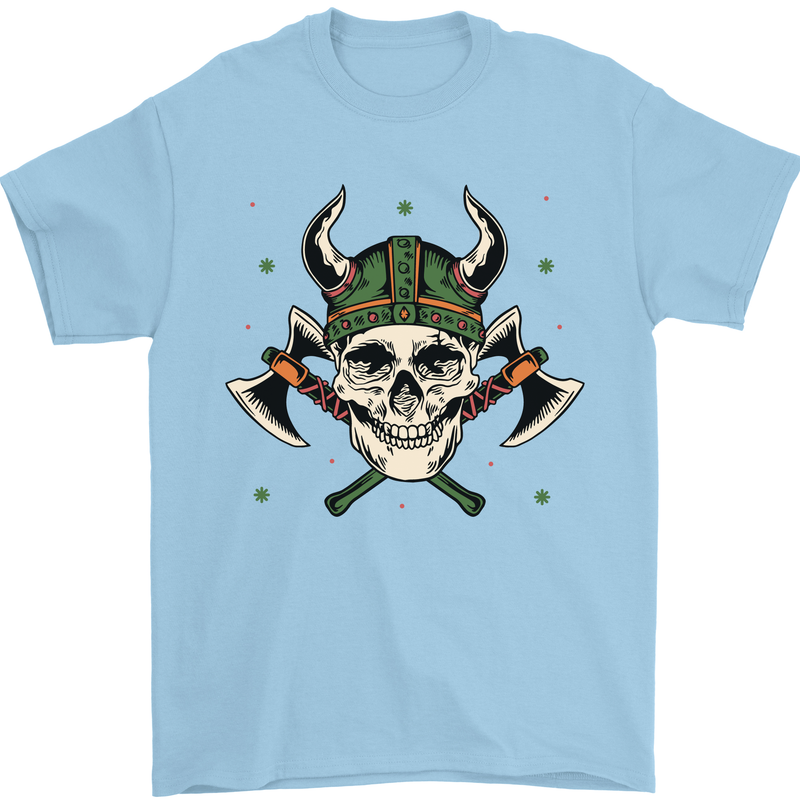 Viking Skull With Axes and Helmet Mens T-Shirt 100% Cotton Light Blue