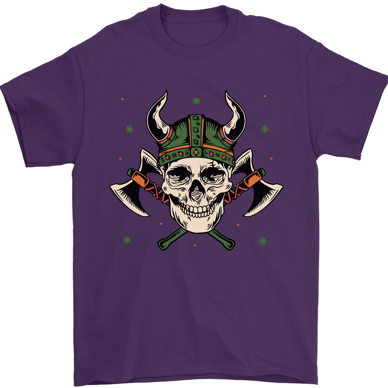 Viking Skull With Axes and Helmet Mens T-Shirt 100% Cotton Purple