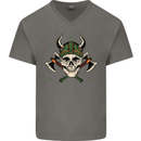 Viking Skull With Axes and Helmet Mens V-Neck Cotton T-Shirt Charcoal