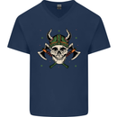 Viking Skull With Axes and Helmet Mens V-Neck Cotton T-Shirt Navy Blue