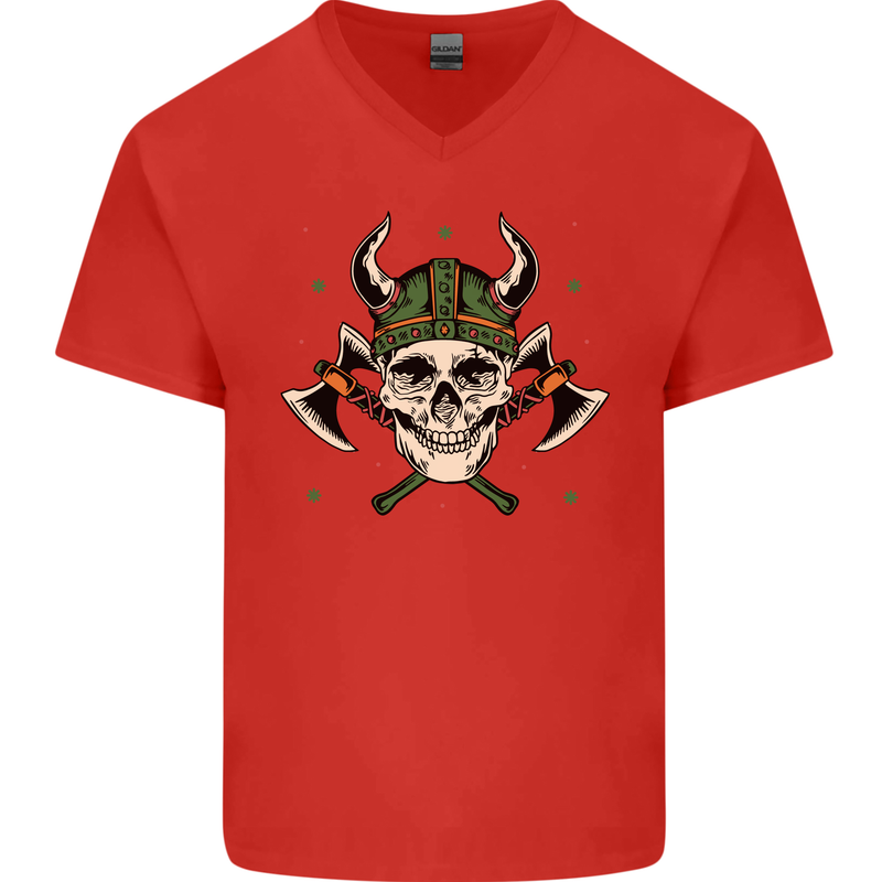 Viking Skull With Axes and Helmet Mens V-Neck Cotton T-Shirt Red