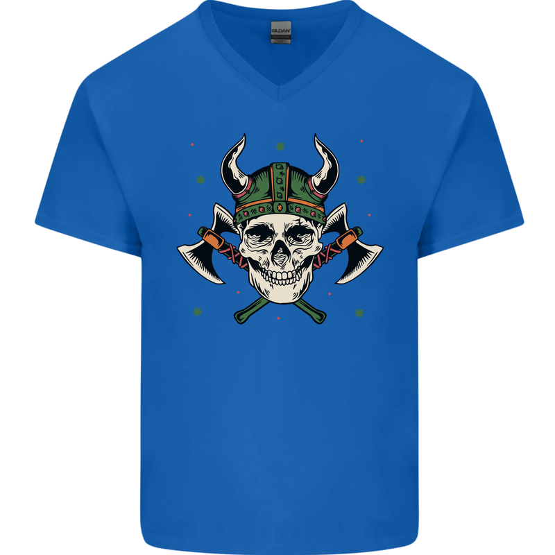 Viking Skull With Axes and Helmet Mens V-Neck Cotton T-Shirt Royal Blue