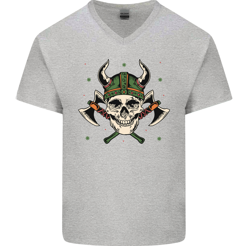 Viking Skull With Axes and Helmet Mens V-Neck Cotton T-Shirt Sports Grey