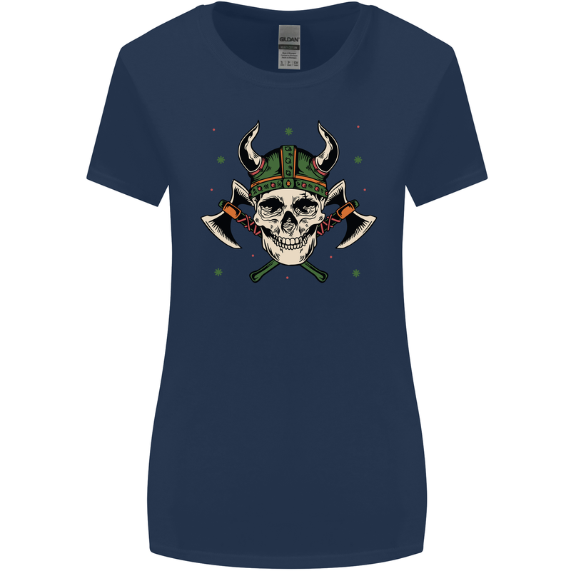 Viking Skull With Axes and Helmet Womens Wider Cut T-Shirt Navy Blue