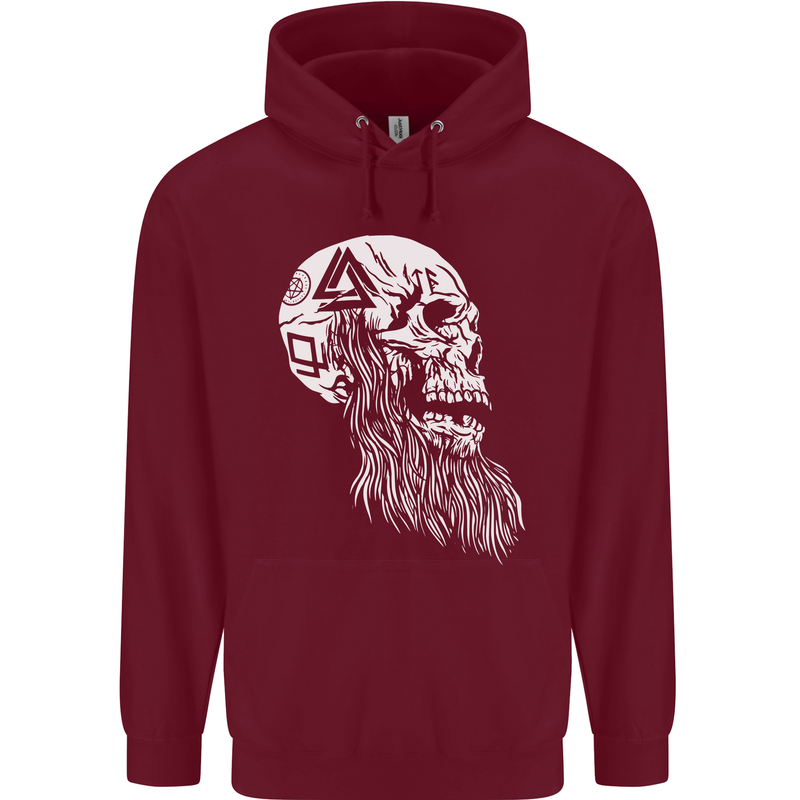 Viking Skull With Beard and Valknut Symbol Childrens Kids Hoodie Maroon