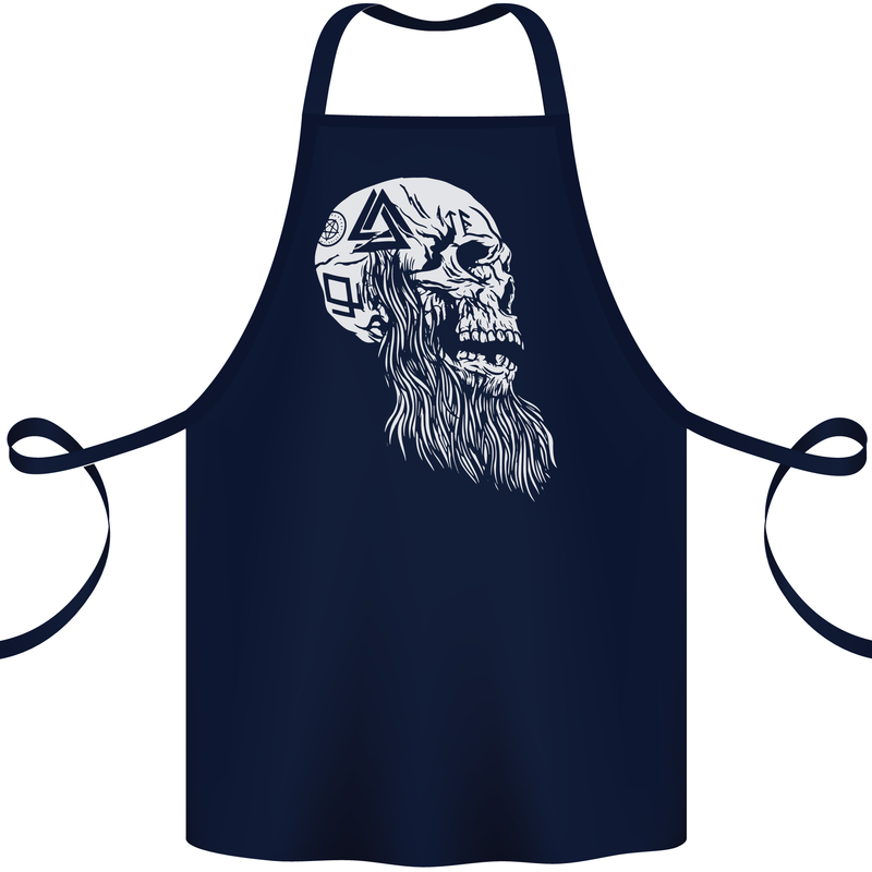 Viking Skull With Beard and Valknut Symbol Cotton Apron 100% Organic Navy Blue
