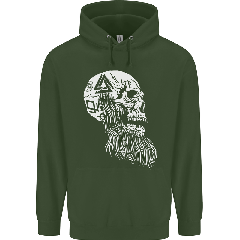 Viking Skull With Beard and Valknut Symbol Mens 80% Cotton Hoodie Forest Green