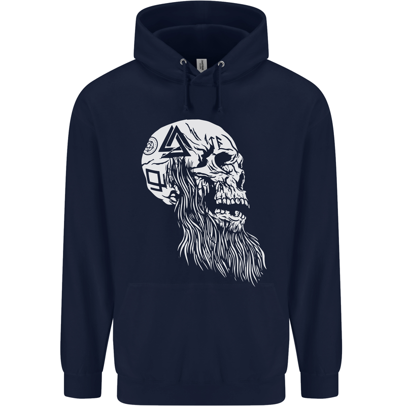 Viking Skull With Beard and Valknut Symbol Mens 80% Cotton Hoodie Navy Blue