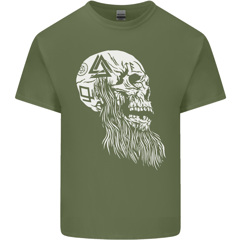 Viking Skull With Beard and Valknut Symbol Mens Cotton T-Shirt Tee Top Military Green