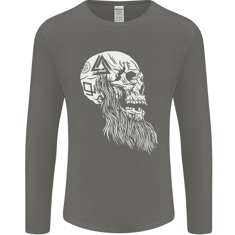 Viking Skull With Beard and Valknut Symbol Mens Long Sleeve T-Shirt Charcoal