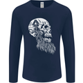 Viking Skull With Beard and Valknut Symbol Mens Long Sleeve T-Shirt Navy Blue