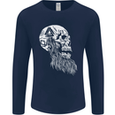 Viking Skull With Beard and Valknut Symbol Mens Long Sleeve T-Shirt Navy Blue
