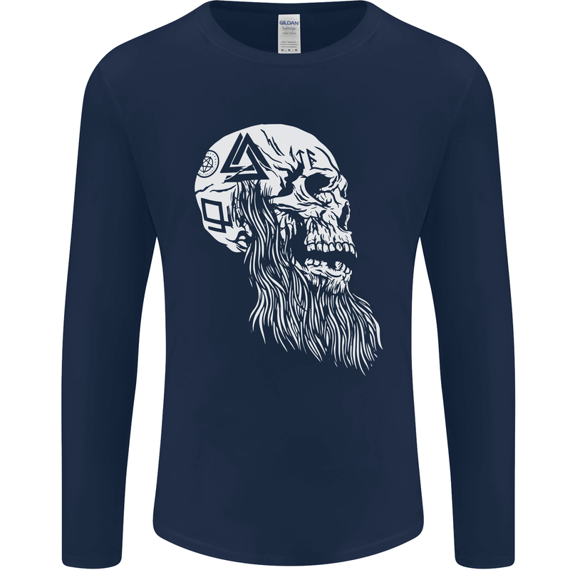 Viking Skull With Beard and Valknut Symbol Mens Long Sleeve T-Shirt Navy Blue