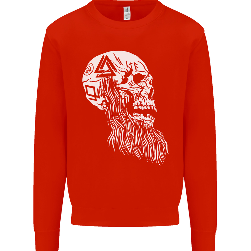 Viking Skull With Beard and Valknut Symbol Mens Sweatshirt Jumper Bright Red