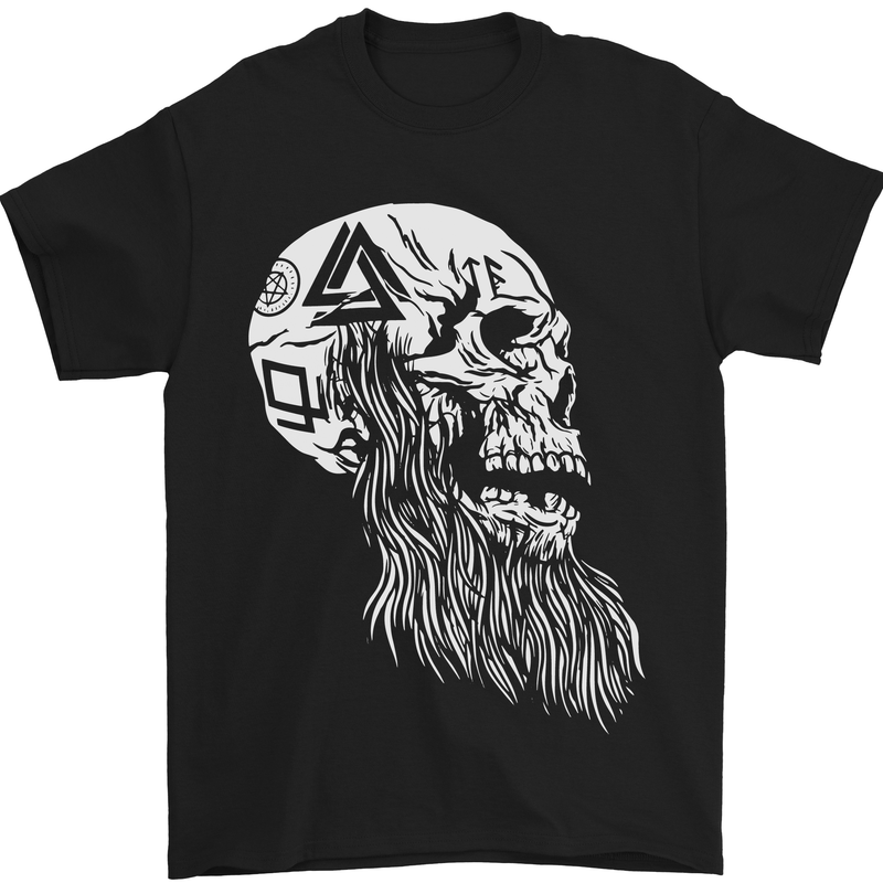 Viking Skull With Beard and Valknut Symbol Mens T-Shirt 100% Cotton Black