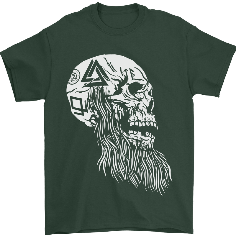 Viking Skull With Beard and Valknut Symbol Mens T-Shirt 100% Cotton Forest Green