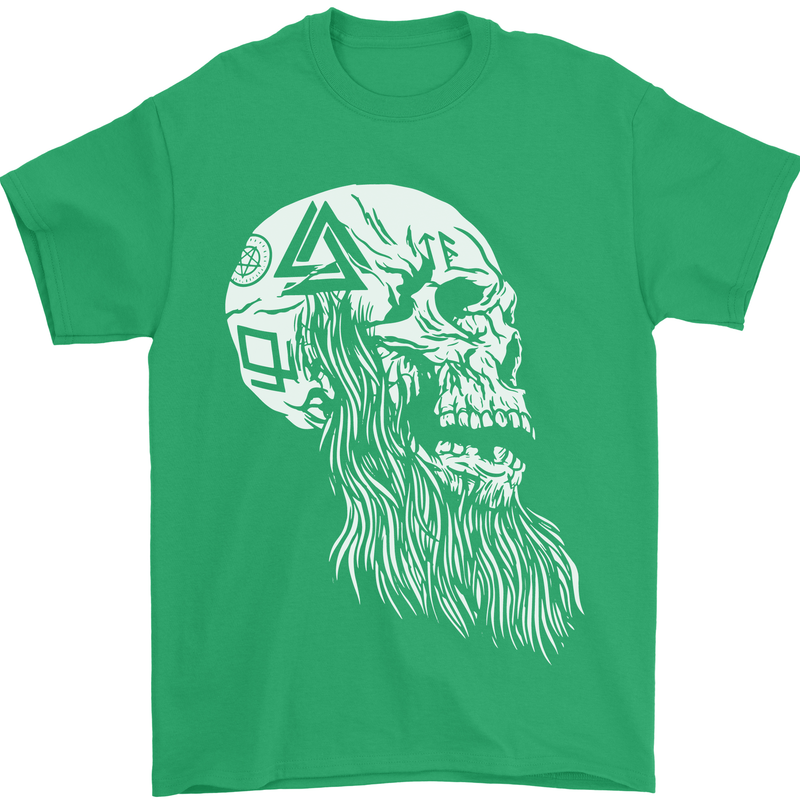 Viking Skull With Beard and Valknut Symbol Mens T-Shirt 100% Cotton Irish Green