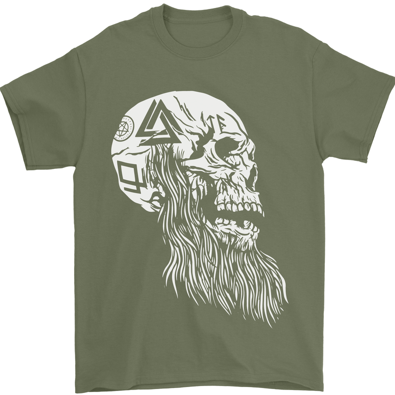Viking Skull With Beard and Valknut Symbol Mens T-Shirt 100% Cotton Military Green