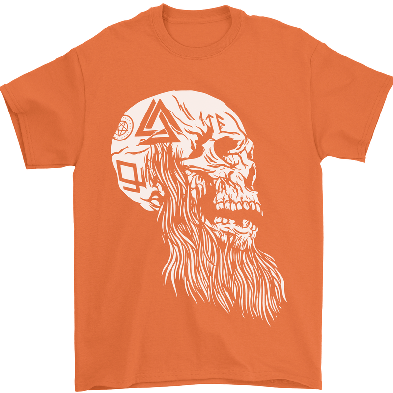 Viking Skull With Beard and Valknut Symbol Mens T-Shirt 100% Cotton Orange