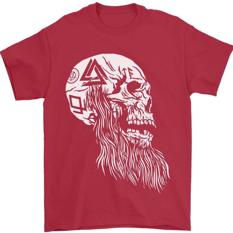 Viking Skull With Beard and Valknut Symbol Mens T-Shirt 100% Cotton Red
