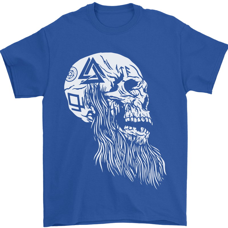 Viking Skull With Beard and Valknut Symbol Mens T-Shirt 100% Cotton Royal Blue