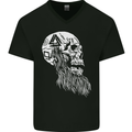 Viking Skull With Beard and Valknut Symbol Mens V-Neck Cotton T-Shirt Black
