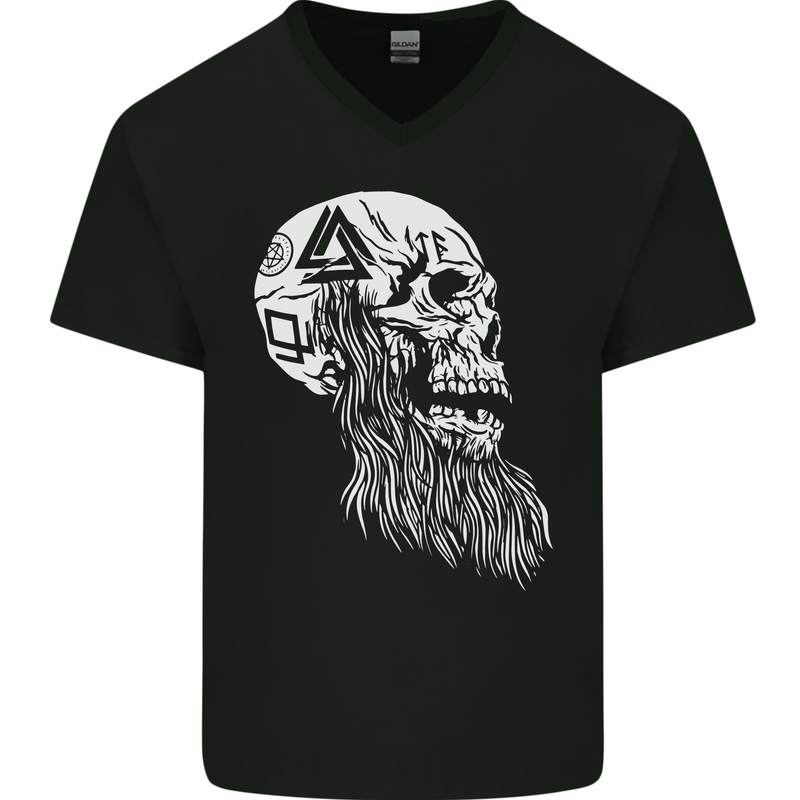 Viking Skull With Beard and Valknut Symbol Mens V-Neck Cotton T-Shirt Black