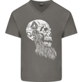 Viking Skull With Beard and Valknut Symbol Mens V-Neck Cotton T-Shirt Charcoal