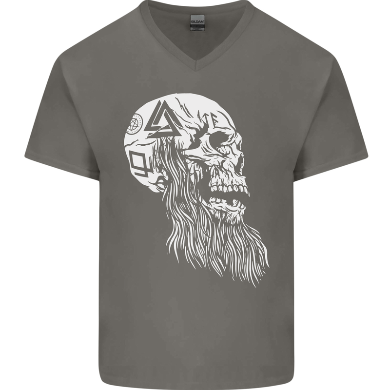 Viking Skull With Beard and Valknut Symbol Mens V-Neck Cotton T-Shirt Charcoal