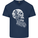 Viking Skull With Beard and Valknut Symbol Mens V-Neck Cotton T-Shirt Navy Blue