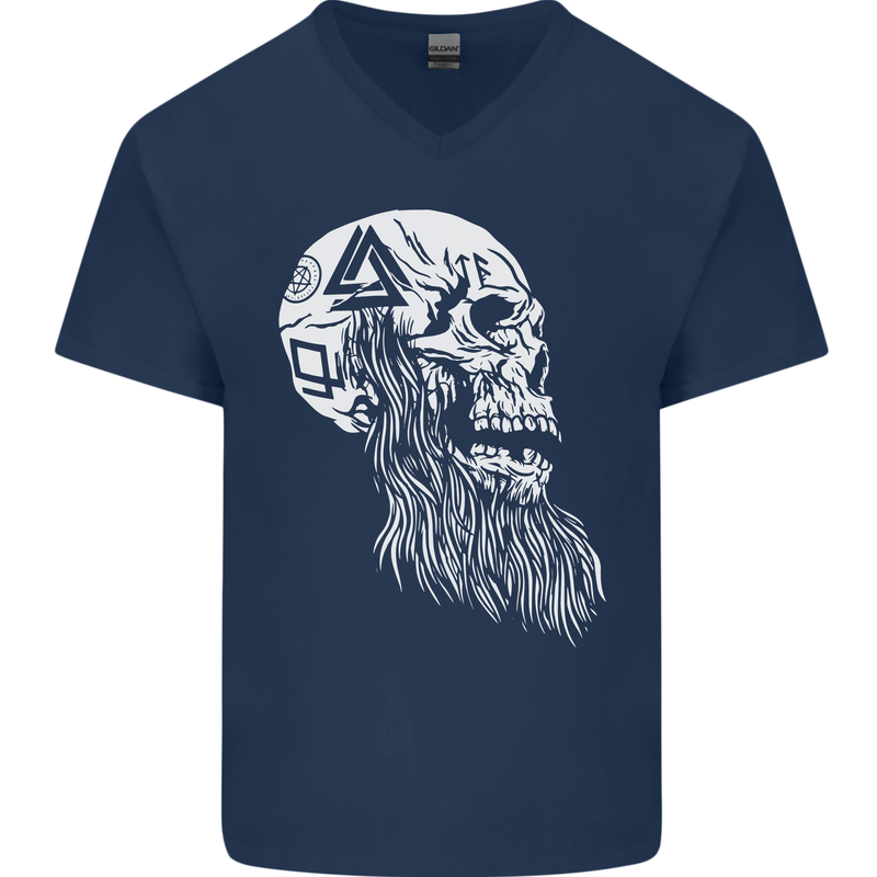 Viking Skull With Beard and Valknut Symbol Mens V-Neck Cotton T-Shirt Navy Blue