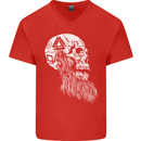 Viking Skull With Beard and Valknut Symbol Mens V-Neck Cotton T-Shirt Red