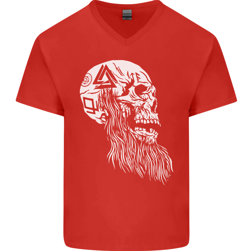 Viking Skull With Beard and Valknut Symbol Mens V-Neck Cotton T-Shirt Red