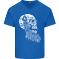 Viking Skull With Beard and Valknut Symbol Mens V-Neck Cotton T-Shirt Royal Blue