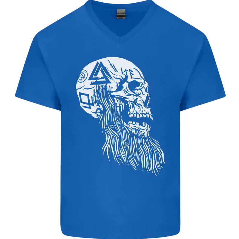 Viking Skull With Beard and Valknut Symbol Mens V-Neck Cotton T-Shirt Royal Blue