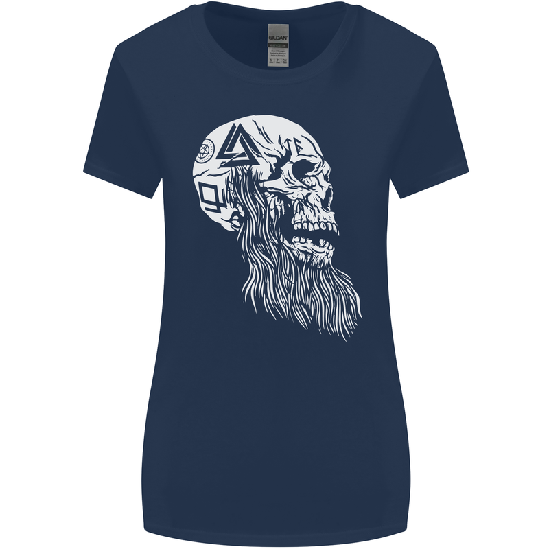 Viking Skull With Beard and Valknut Symbol Womens Wider Cut T-Shirt Navy Blue