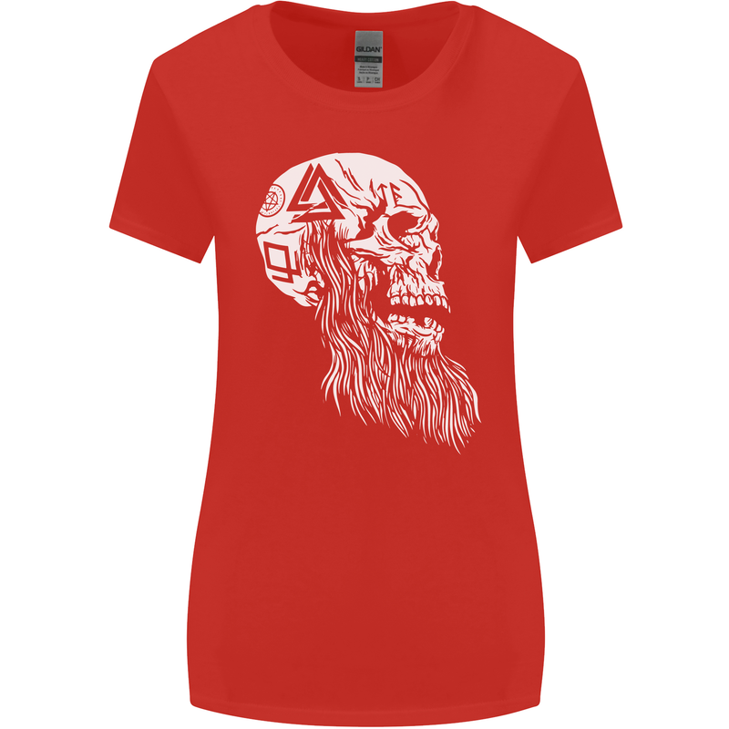 Viking Skull With Beard and Valknut Symbol Womens Wider Cut T-Shirt Red