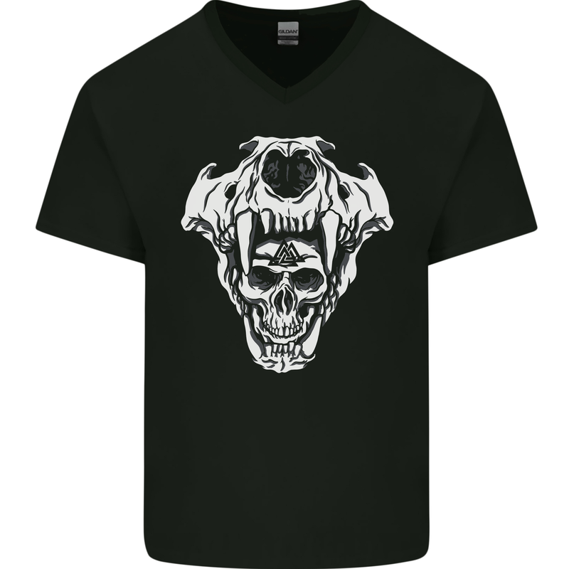 Viking Skull With Valknut Symbol Mens V-Neck Cotton T-Shirt Black