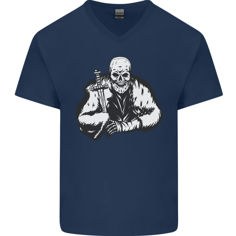 Viking Skull & Sword Thor Valhalla Mens V-Neck Cotton T-Shirt Navy Blue
