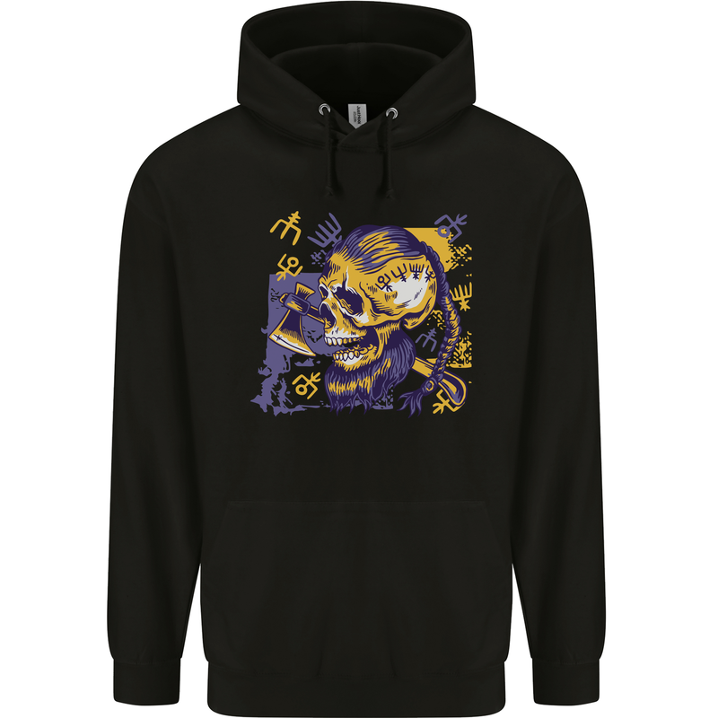 Viking Symbols Skull Childrens Kids Hoodie Black