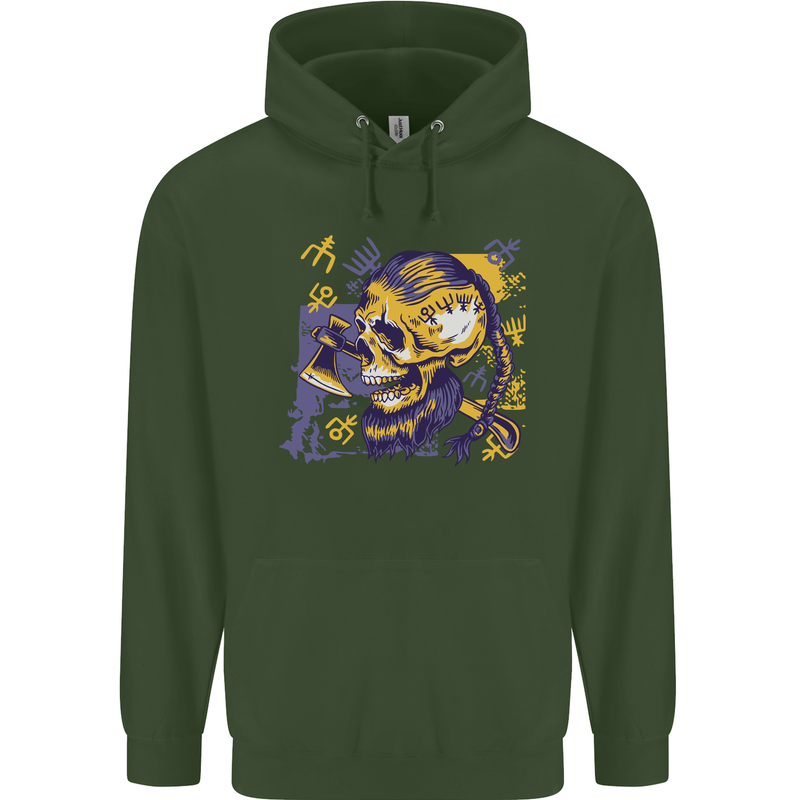 Viking Symbols Skull Childrens Kids Hoodie Forest Green