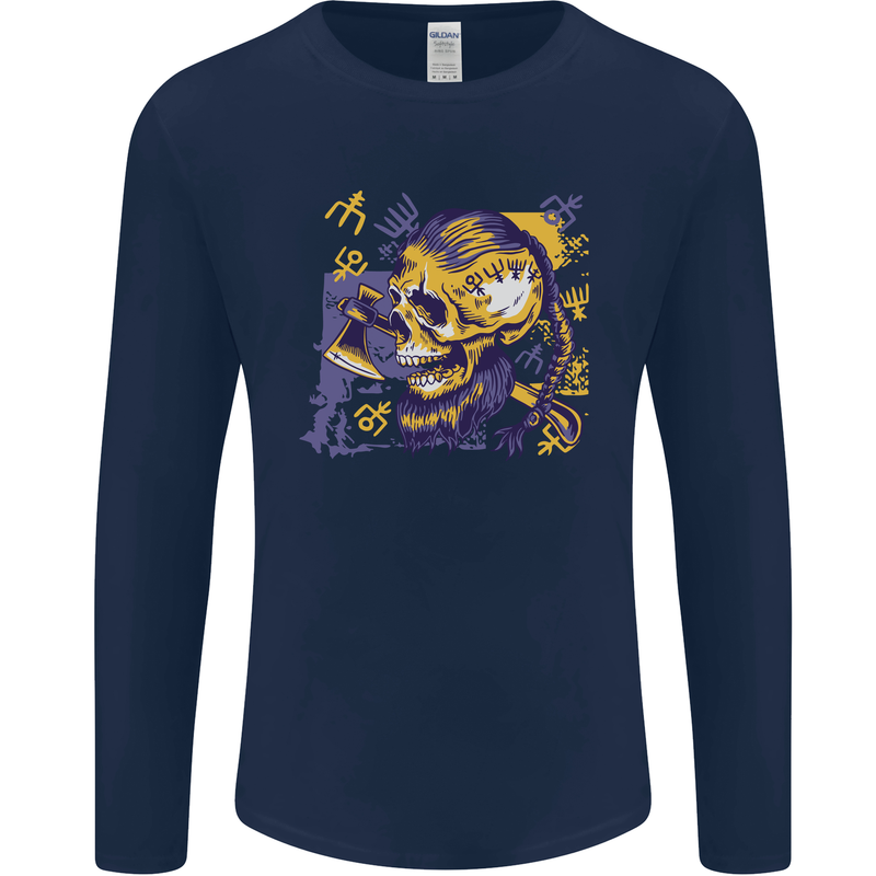 Viking Symbols Skull Mens Long Sleeve T-Shirt Navy Blue
