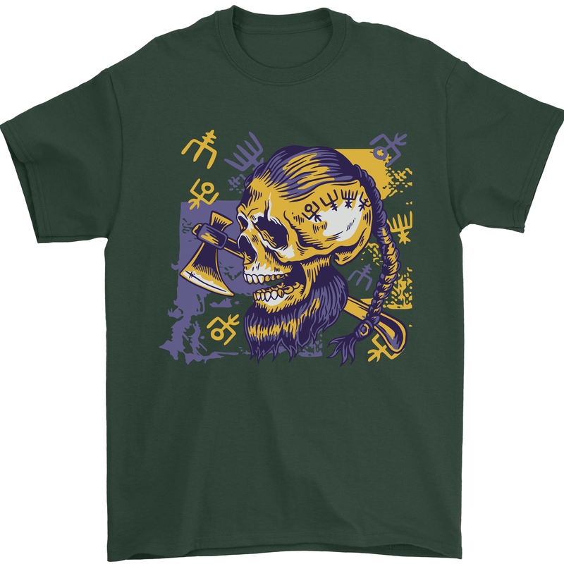 Viking Symbols Skull Mens T-Shirt 100% Cotton Forest Green