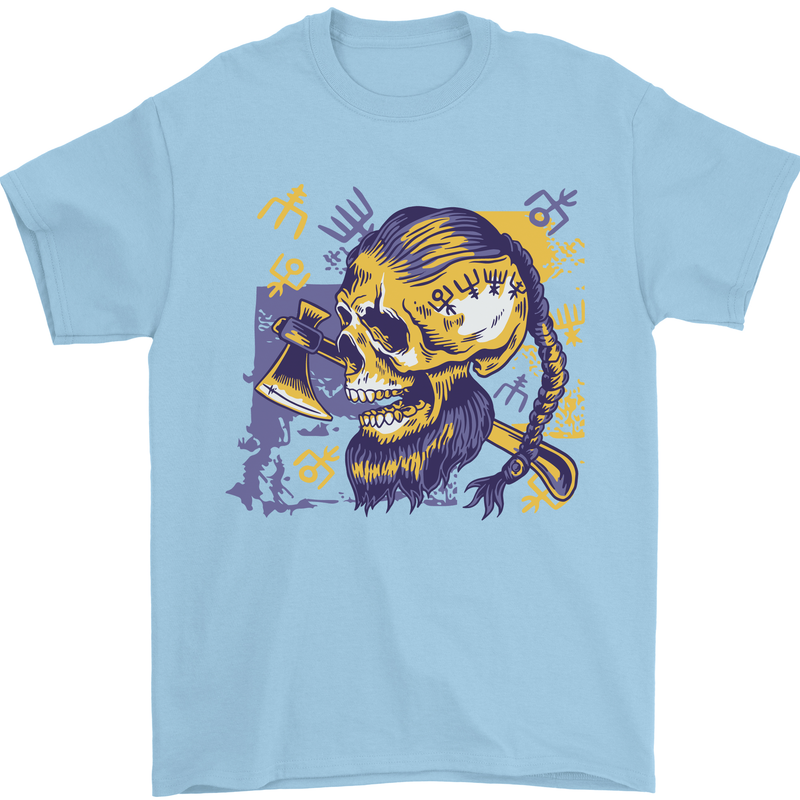Viking Symbols Skull Mens T-Shirt 100% Cotton Light Blue