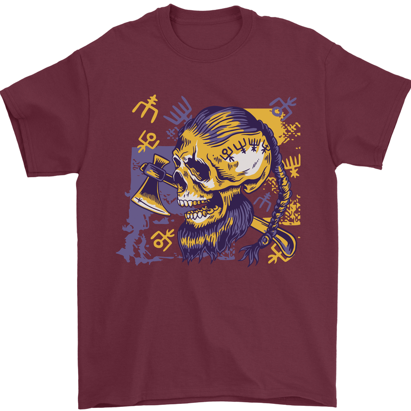 Viking Symbols Skull Mens T-Shirt 100% Cotton Maroon