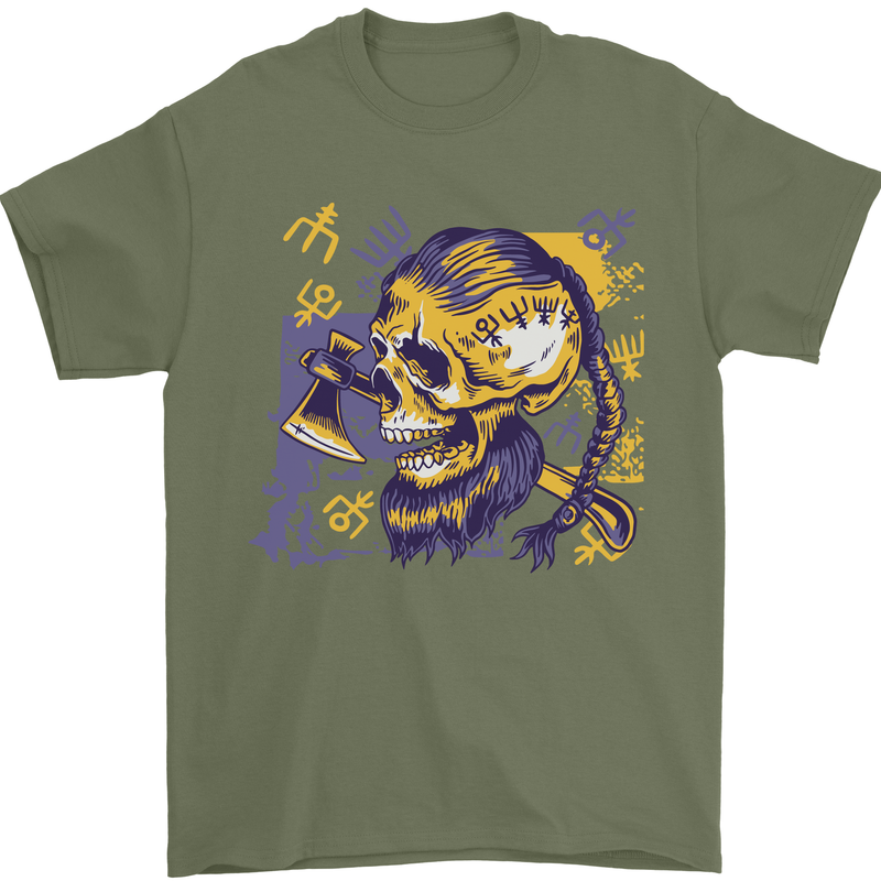 Viking Symbols Skull Mens T-Shirt 100% Cotton Military Green