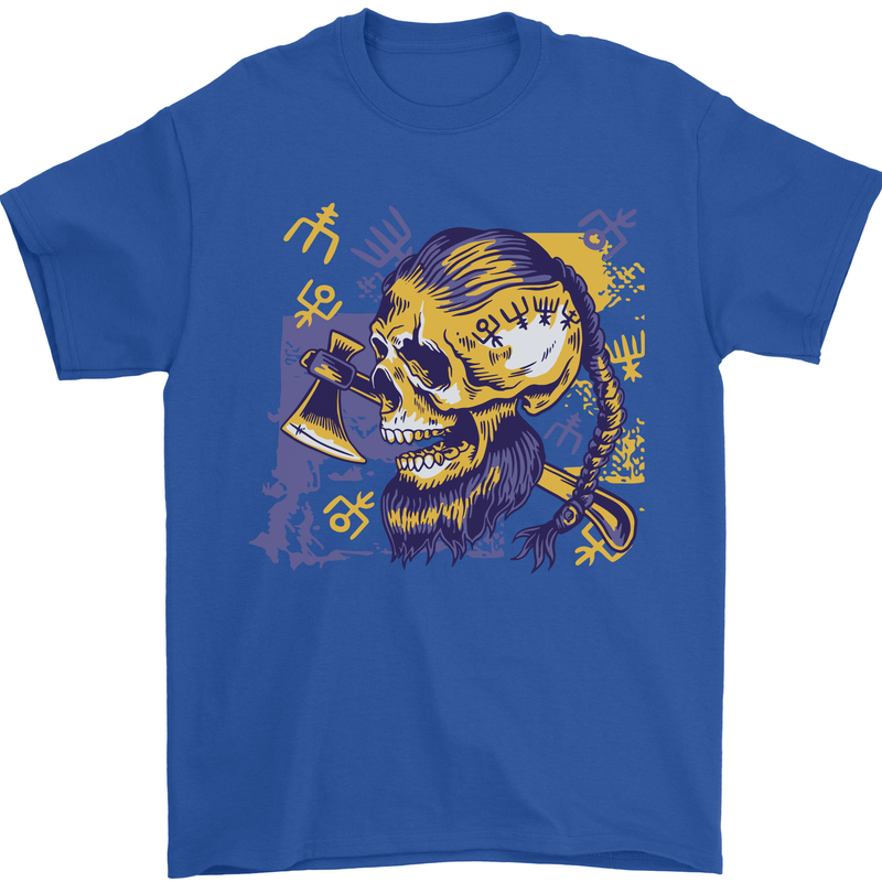 Viking Symbols Skull Mens T-Shirt 100% Cotton Royal Blue