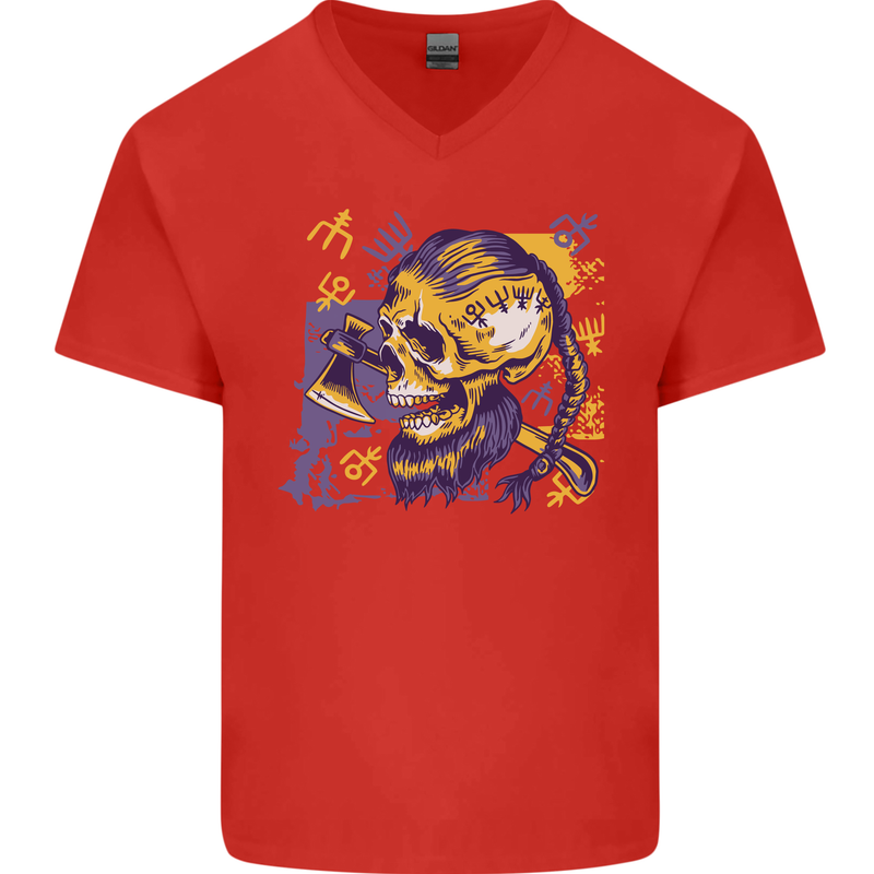 Viking Symbols Skull Mens V-Neck Cotton T-Shirt Red
