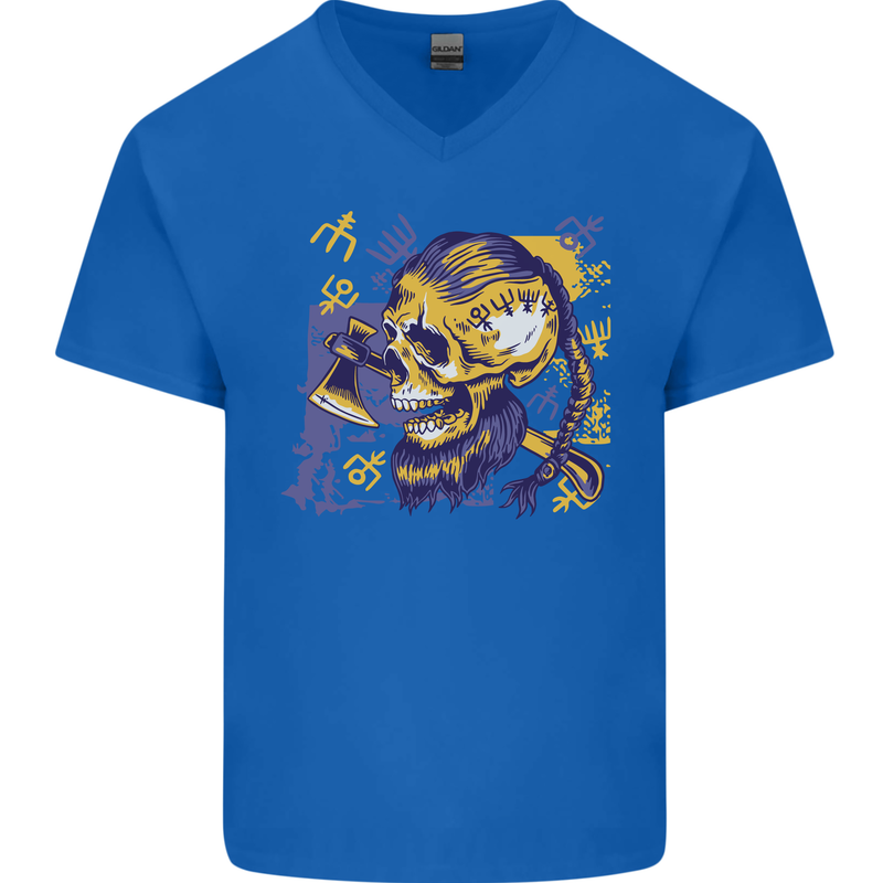 Viking Symbols Skull Mens V-Neck Cotton T-Shirt Royal Blue