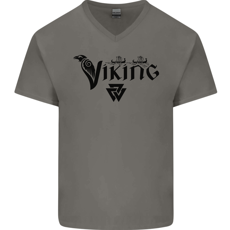 Viking Thor Odin Valhalla Norse Mythology Mens V-Neck Cotton T-Shirt Charcoal